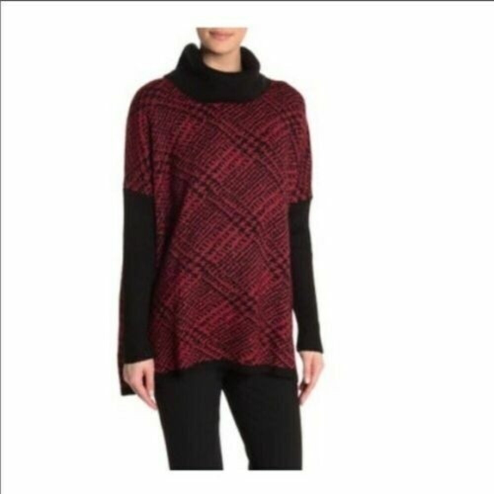 Joseph A Cowl Neck Sweater Tunic Top Size M Plaid Black Red NEW Tag $78 B80